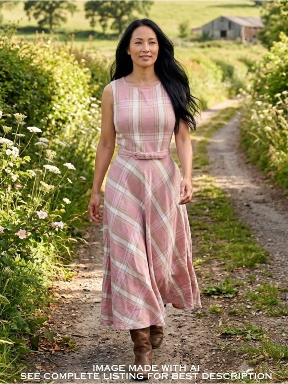 Vintage Linen Blend Sleeveless Maxi Dress 14 Sundress Plaid Belt Western Preppy
